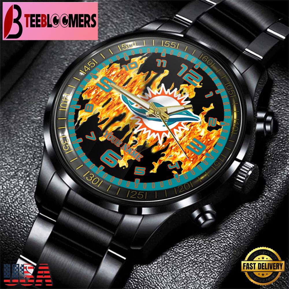 Custom Name Miami Dolphins NFL 3D Men Black Stainless Steel Watch Gift For Fans