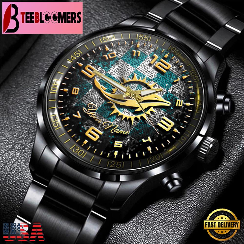 Custom Name Miami Dolphins NFL 3D Men Black Stainless Steel Watch Gift For Fans