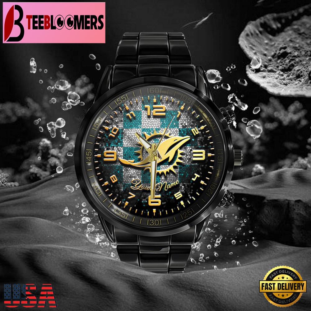 Custom Name Miami Dolphins NFL 3D Men Black Stainless Steel Watch Gift For NFL Fans Custom Name Miami Dolphins NFL 3D Men Black Stainless Steel Watch Gift For NFL Fans