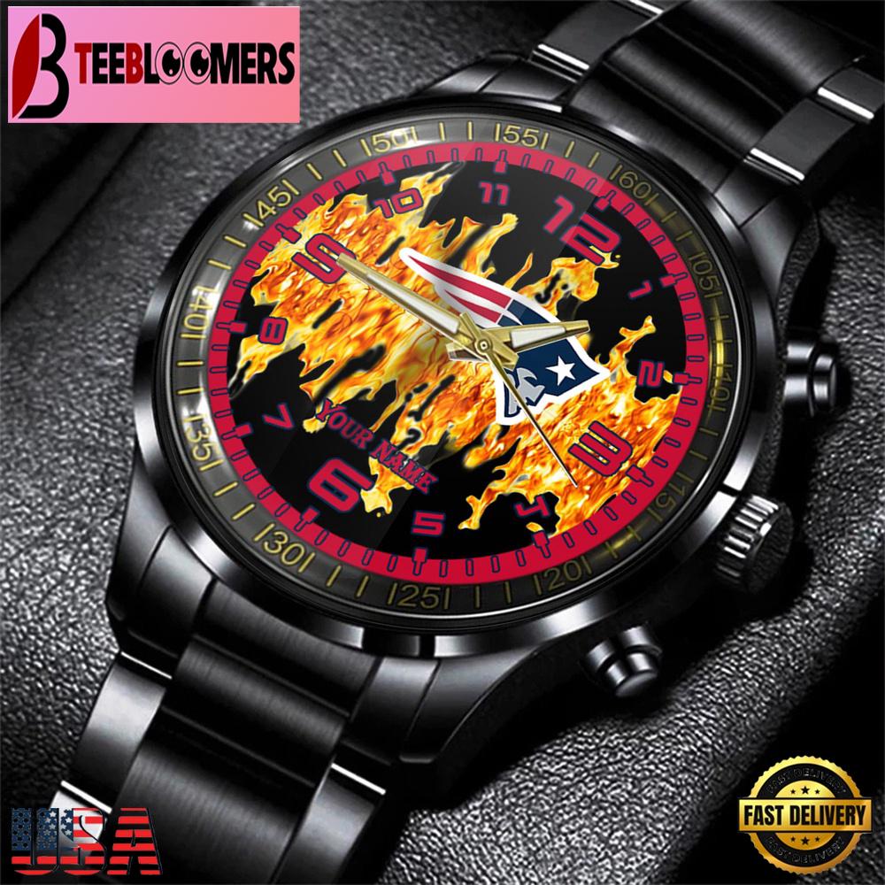 Custom Name New England Patriots NFL 3D Men Black Stainless Steel Watch Gift For Fans