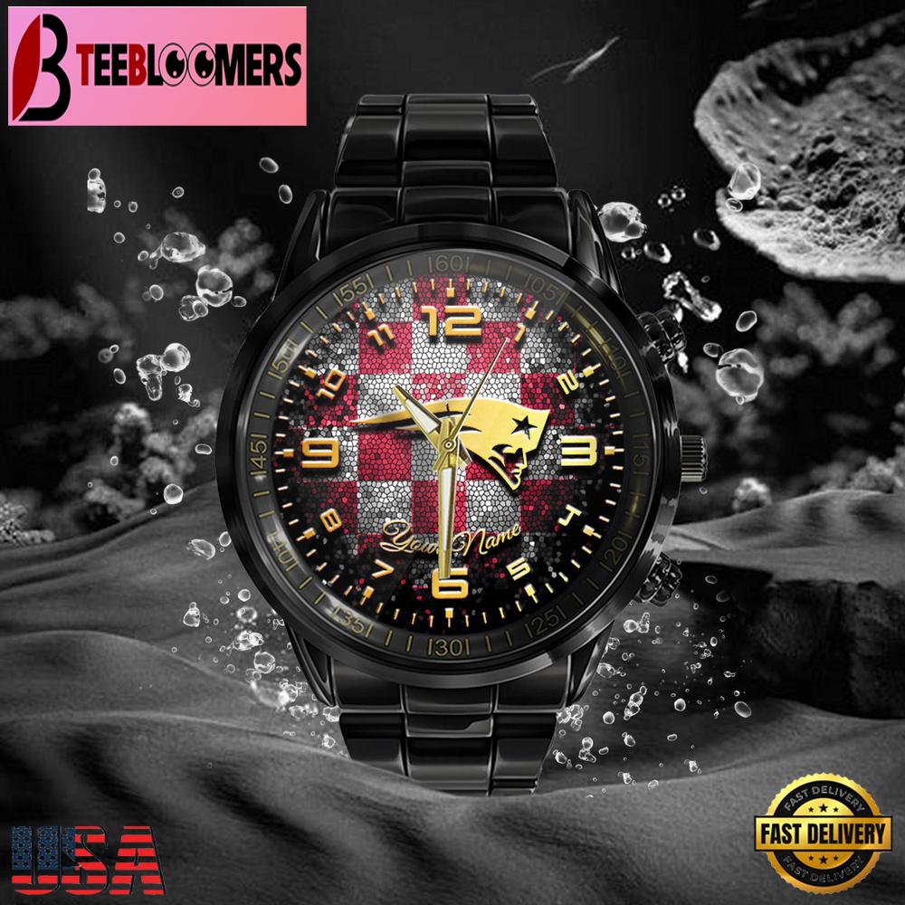 Custom Name New England Patriots NFL 3D Men Black Stainless Steel Watch Gift For NFL Fans Custom Name New England Patriots NFL 3D Men Black Stainless Steel Watch Gift For NFL Fans