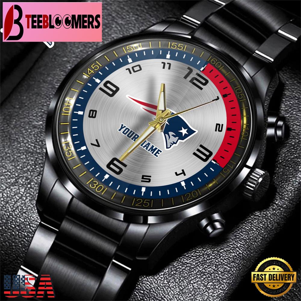 Custom Name New England Patriots NFL Black Stainless Steel Watch Gifts For Fans