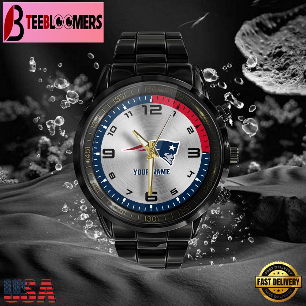 Custom Name New England Patriots NFL Black Stainless Steel Watch Gifts For Fans Custom Name New England Patriots NFL Black Stainless Steel Watch Gifts For Fans