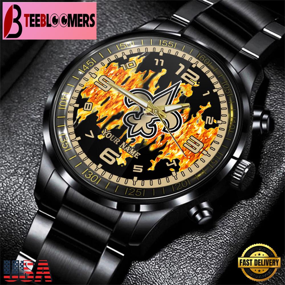 Custom Name New Orleans Saints NFL 3D Men Black Stainless Steel Watch Gift For Fans