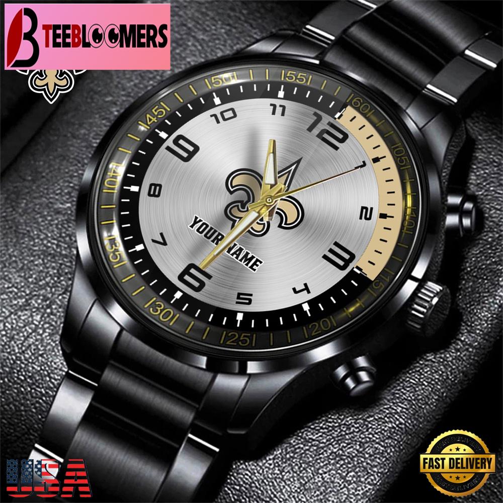 Custom Name New Orleans Saints NFL Black Stainless Steel Watch Gifts For Fans