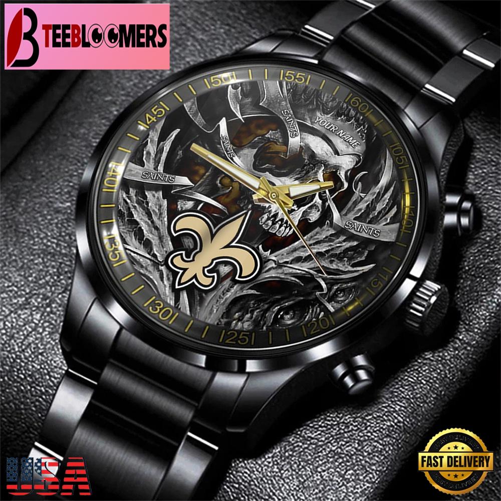 Custom Name New Orleans Saints NFL Men Black Stainless Steel Watch Gift For Fans