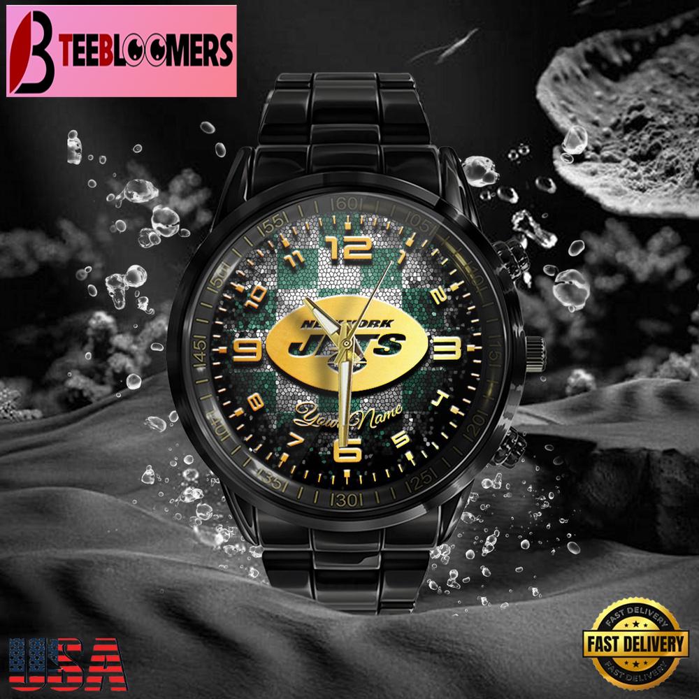 Custom Name New York Jets NFL 3D Men Black Stainless Steel Watch Gift For NFL Fans Custom Name New York Jets NFL 3D Men Black Stainless Steel Watch Gift For NFL Fans