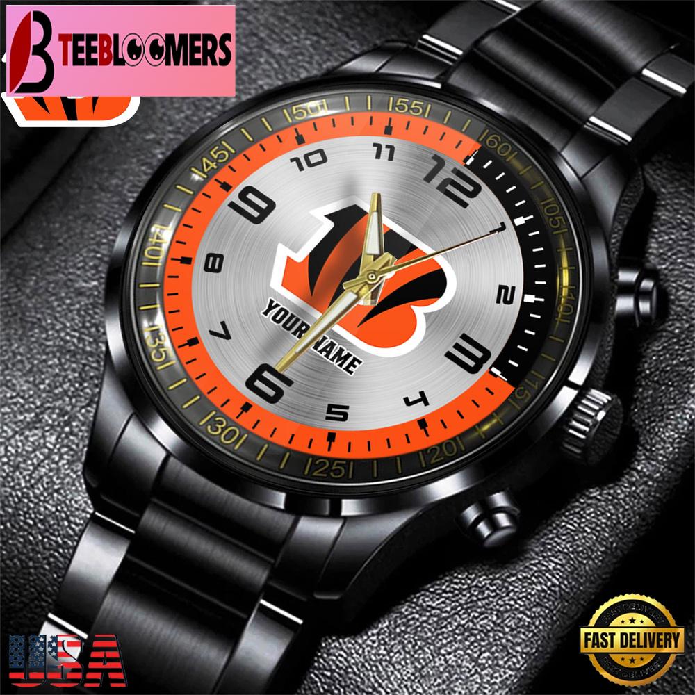 Custom Name NFL Cincinnati Bengals Black Stainless Steel Watch Gift For Fans