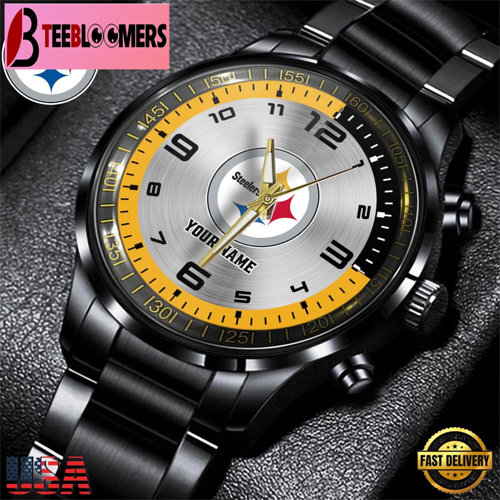 Custom Name NFL Pittsburgh Steelers Black Stainless Steel Watch Gifts For Fans