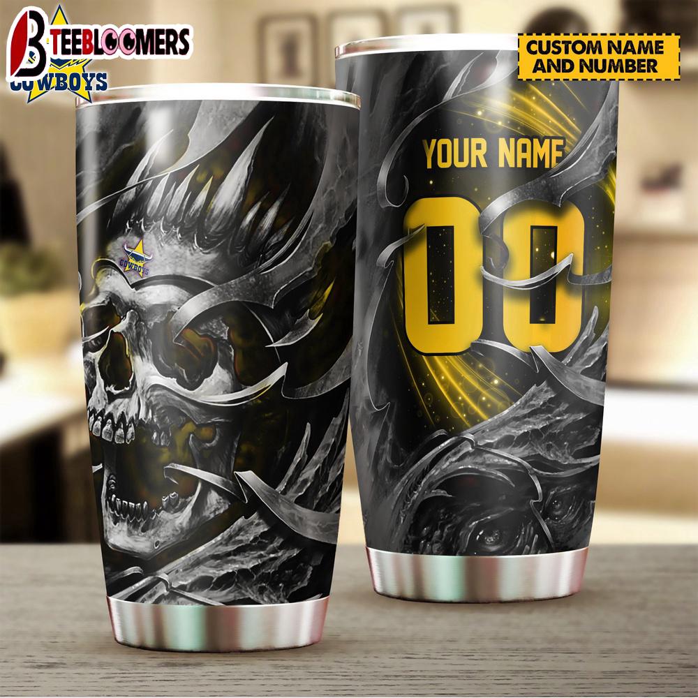 Custom Name North Queensland Cowboys NRL And Skull Tumbler Gift For Fans