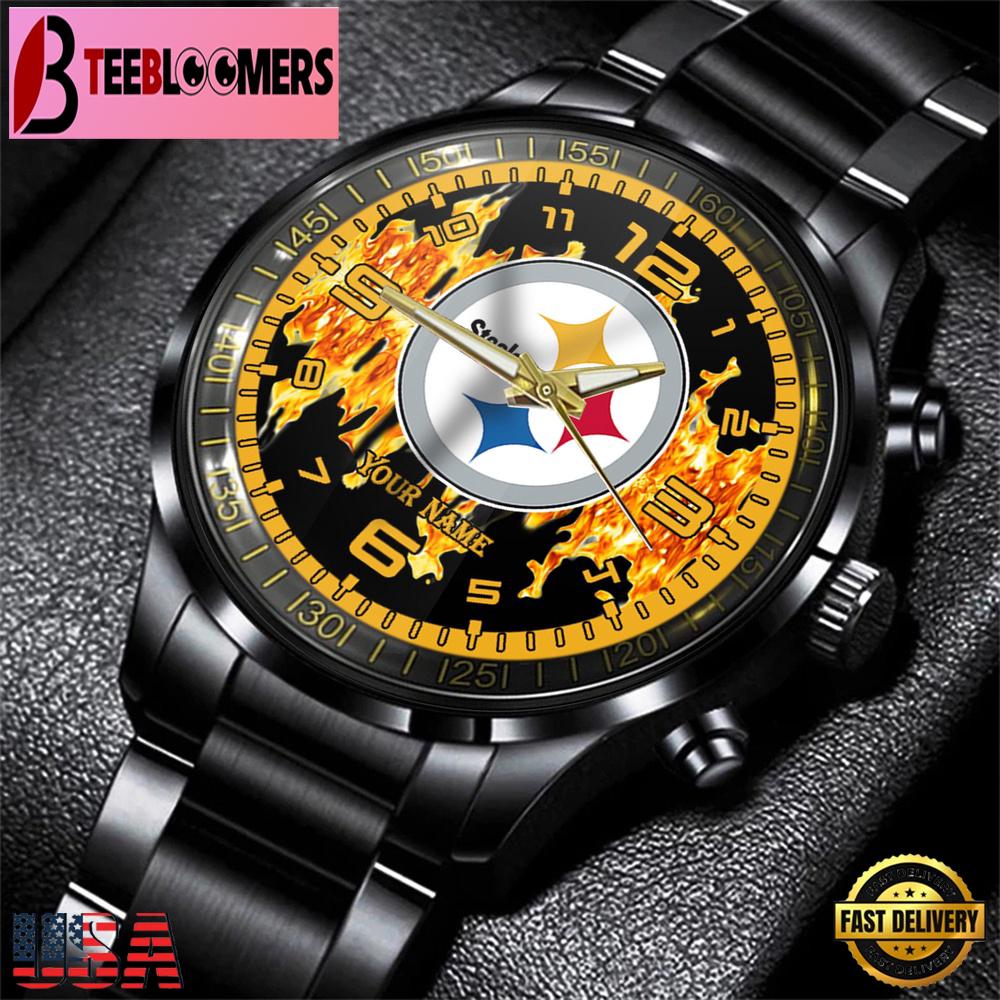 Custom Name Pittsburgh Steelers NFL 3D Men Black Stainless Steel Watch Gift For Fans