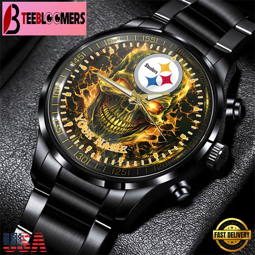 Custom Name Pittsburgh Steelers NFL Men Black Stainless Steel Watch Gift For Fans