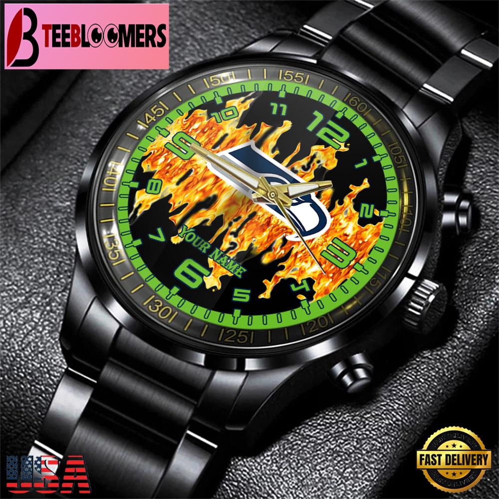 Custom Name Seattle Seahawks NFL 3D Men Black Stainless Steel Watch Gift For Fans