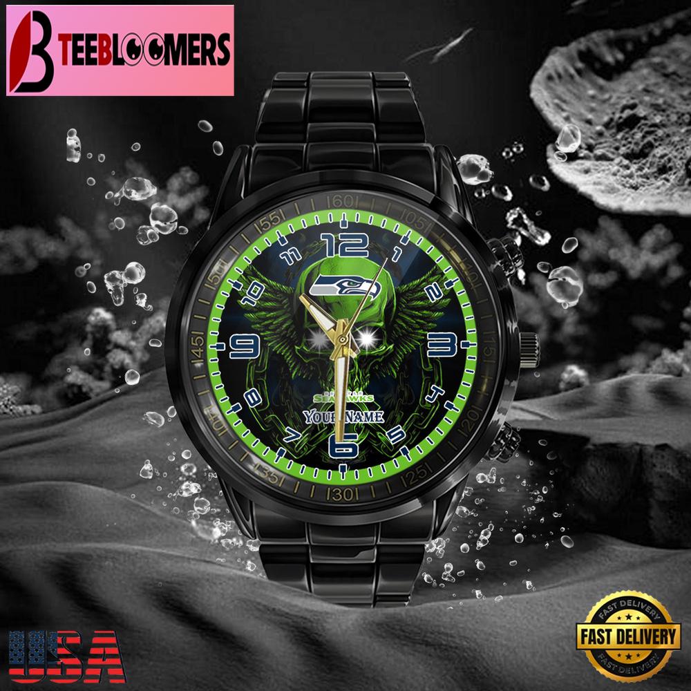 Custom Name Seattle Seahawks NFL 3D Men Black Stainless Steel Watch Gift For NFL Fans Custom Name Seattle Seahawks NFL 3D Men Black Stainless Steel Watch Gift For NFL Fans