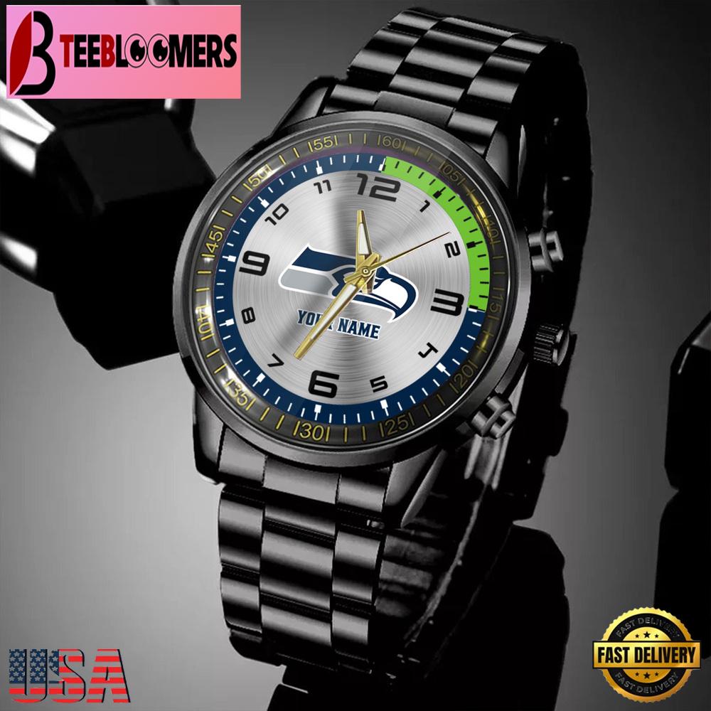 Custom Name Seattle Seahawks NFL Black Stainless Steel Watch Gifts For Fans