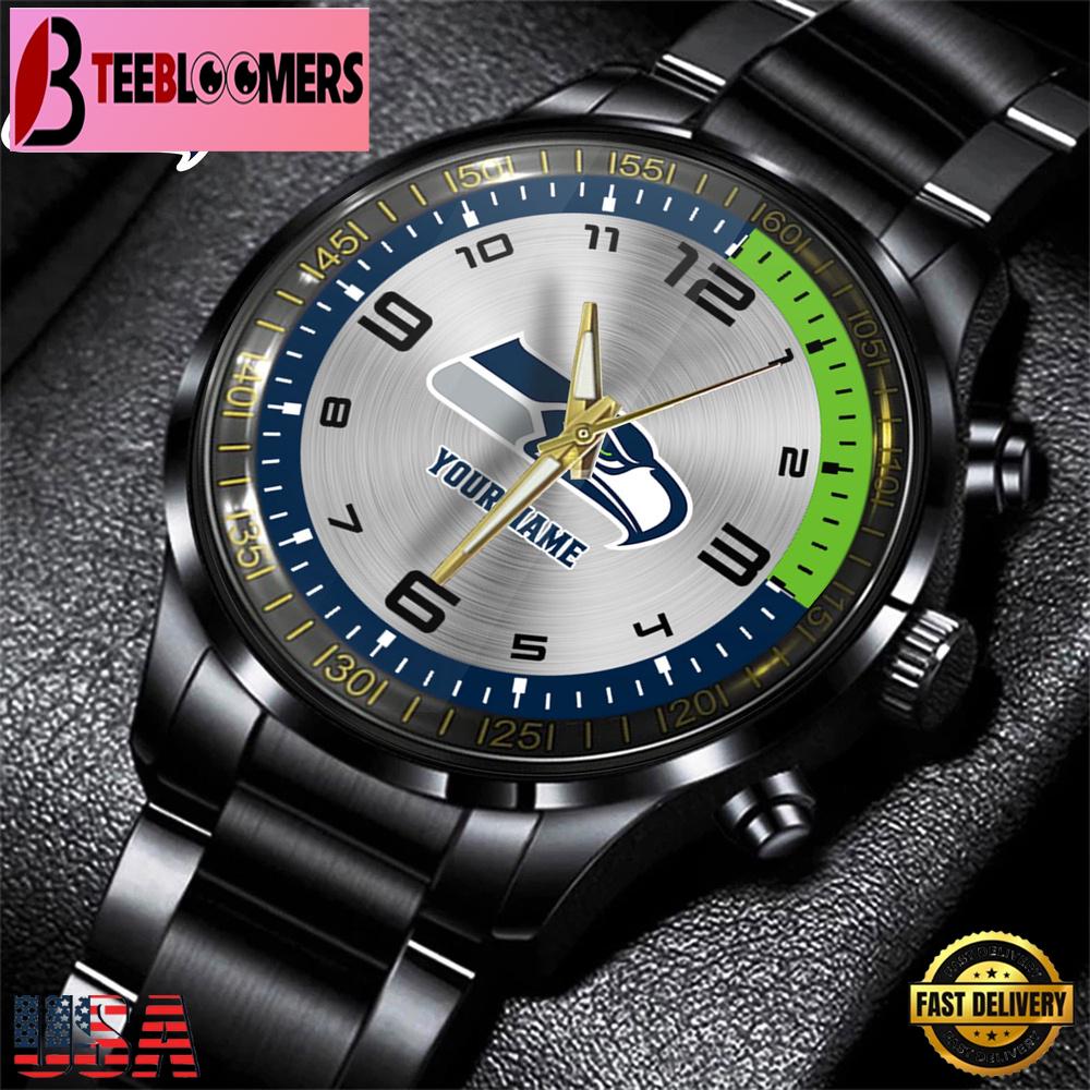 Custom Name Seattle Seahawks NFL Black Stainless Steel Watch Gifts For Fans