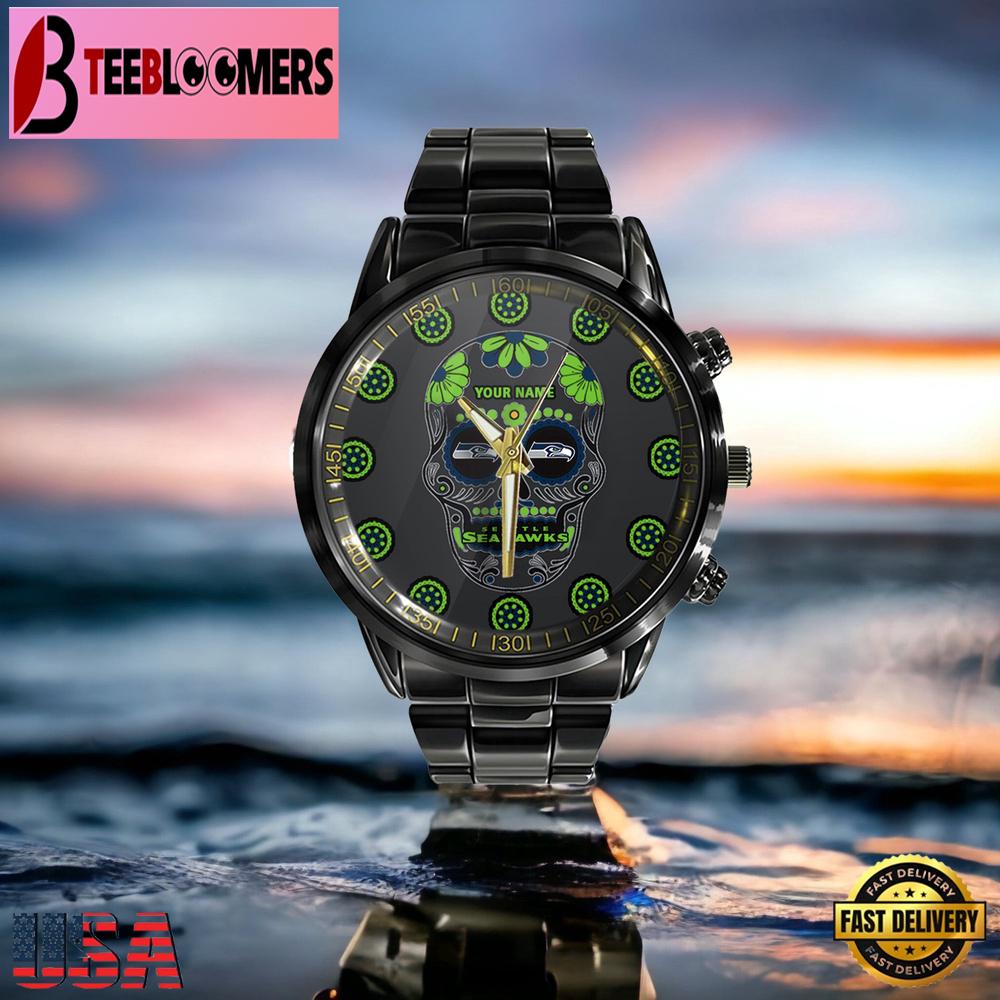 Custom Name Seattle Seahawks NFL Men Black Stainless Steel Watch Gift For NFL Fans Custom Name Seattle Seahawks NFL Men Black Stainless Steel Watch Gift For NFL Fans