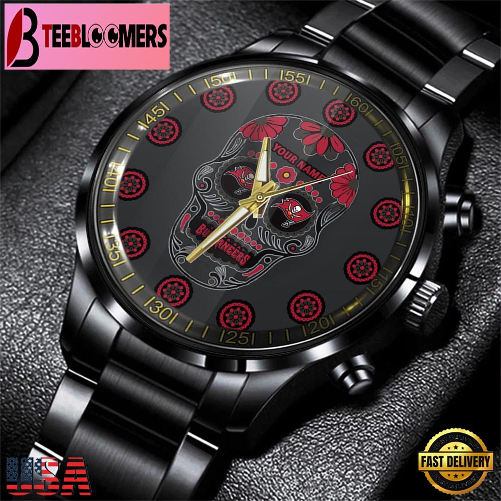 Custom Name Tampa Bay Buccaneers NFL Men Black Stainless Steel Watch Gift For Fans