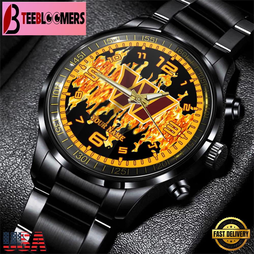 Custom Name Washington Commanders NFL 3D Men Black Stainless Steel Watch Gift For Fans