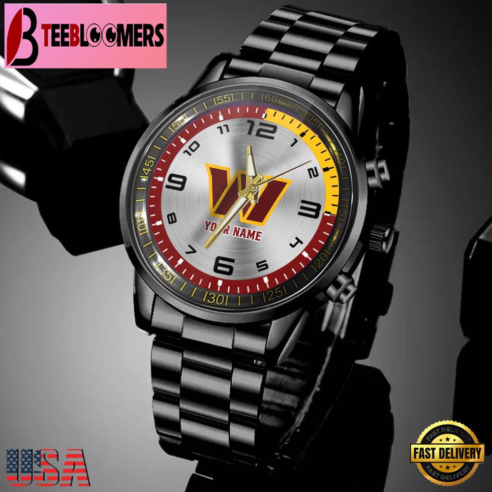 Custom Name Washington Commanders NFL Black Stainless Steel Watch Gifts For Fans