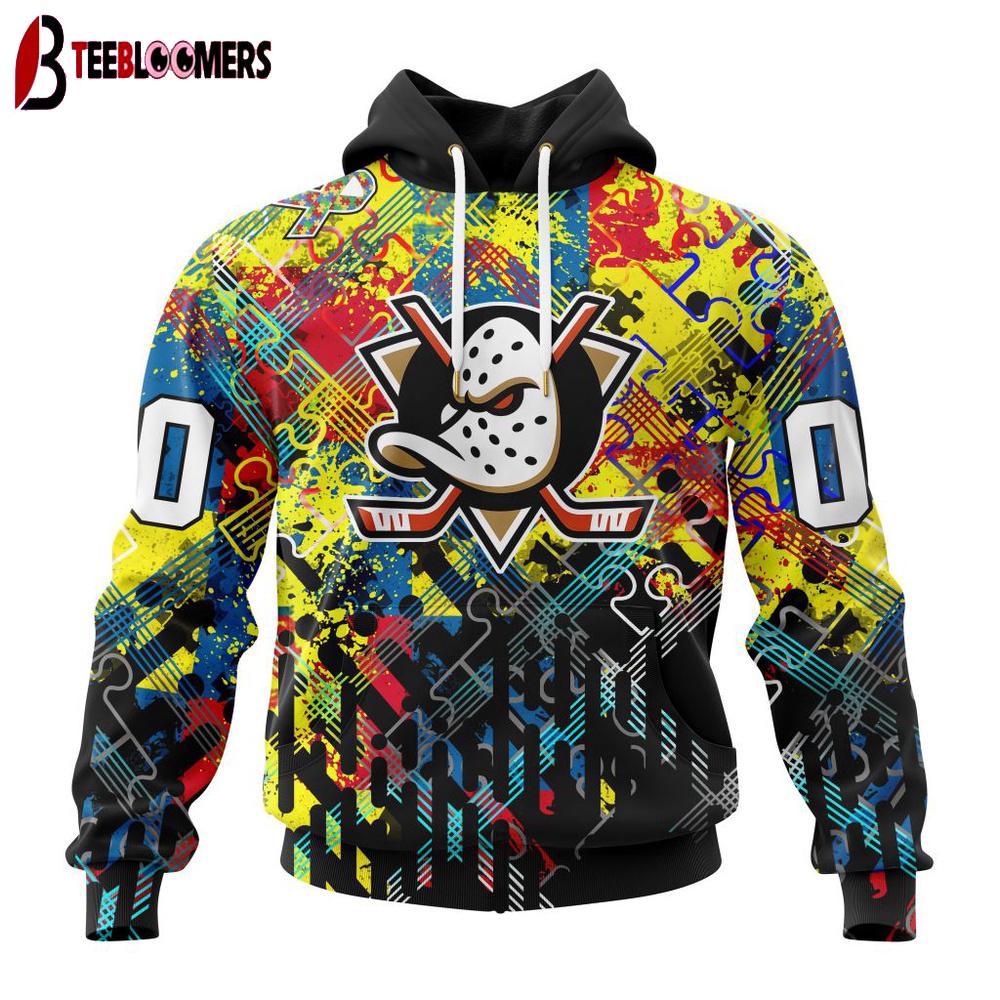Custom Number NHL Anaheim Ducks Autism Awareness 3D Hoodie Shirt