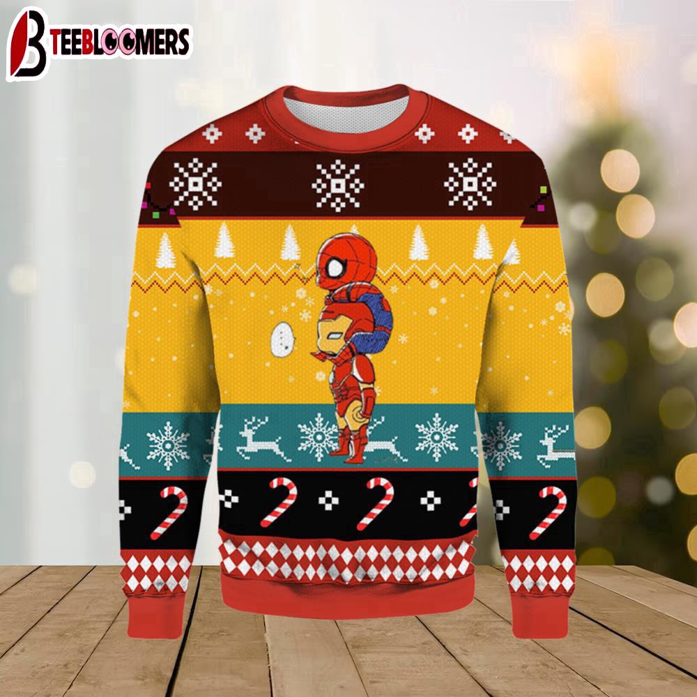 Iron Man Carries Spider Man Christmas Sweater
