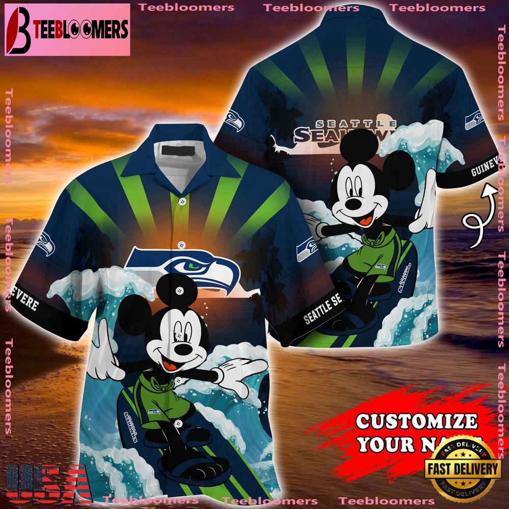 NFL Seattle Seahawks Mickey Mouse Surfing Custom Name Aloha Hawaiian Shirt NFL Seattle Seahawks Mickey Mouse Surfing Custom Name Aloha Hawaiian Shirt