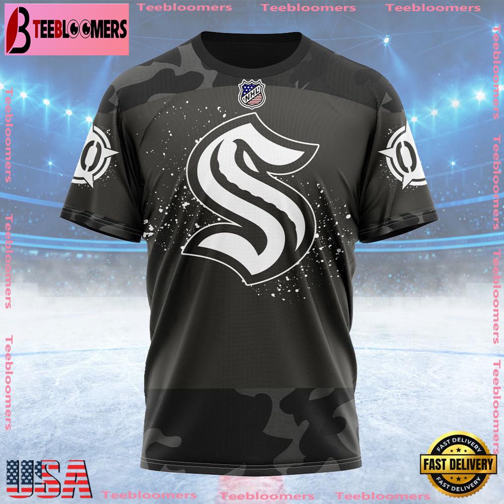 NHL Seattle Kraken Special Black Camo Design For Veterans Day Custom T Shirt, Seattle Kraken Shirt , NHL Fans Gifts NHL Seattle Kraken Special Black Camo Design For Veterans Day Custom T Shirt, Seattle Kraken Shirt , NHL Fans Gifts